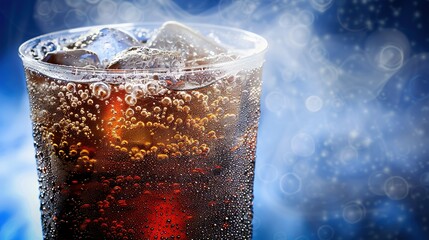   Close-up of drink in plastic cup with ice cubes on blue-white background, showing bubbles