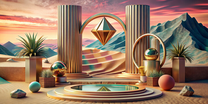 The surreal landscape features geometric structures and metallic elements under a warm pastel sky with mountains in the background. Various spherical shapes, columns and arches.AI generated.