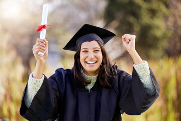 Celebration, university and portrait of woman for graduation, ceremony and achievement at college....