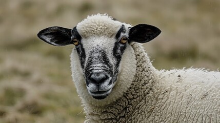 Fototapeta premium The White Sheep with Distinctive Black Markings