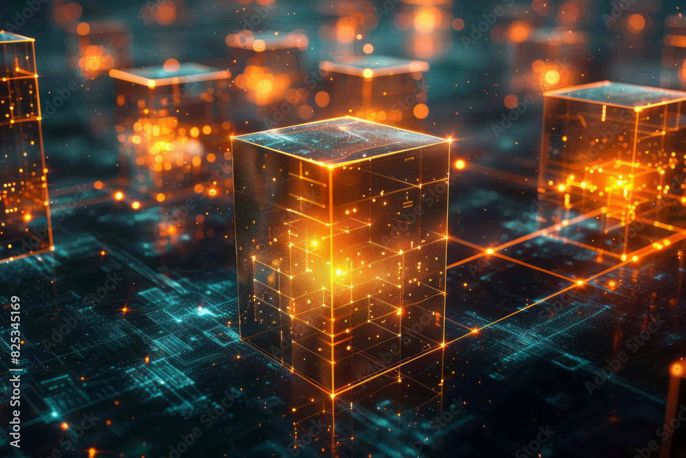 Fototapete abstract isometric grid of interconnected cubes and minimalist data storage symbols,