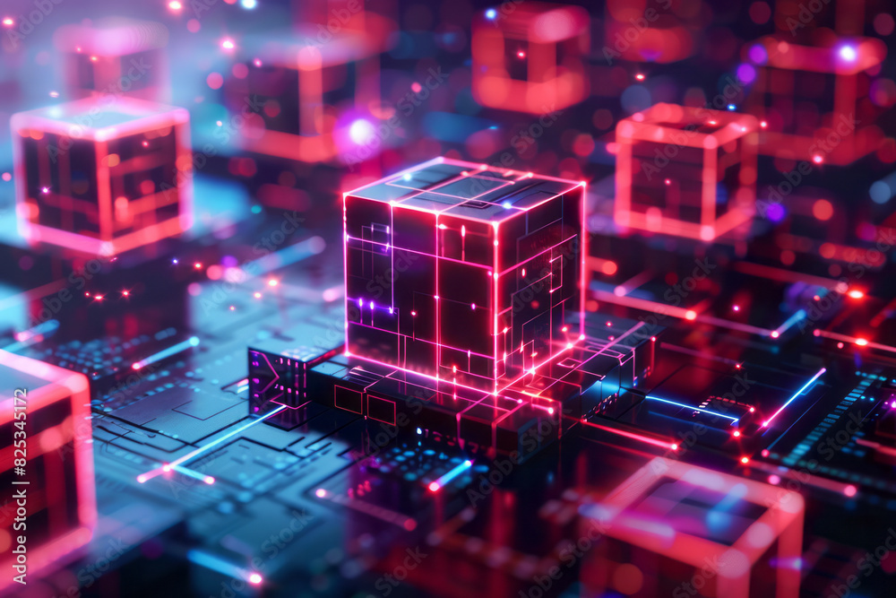 Poster Abstract isometric grid of interconnected cubes and minimalist data storage symbols,