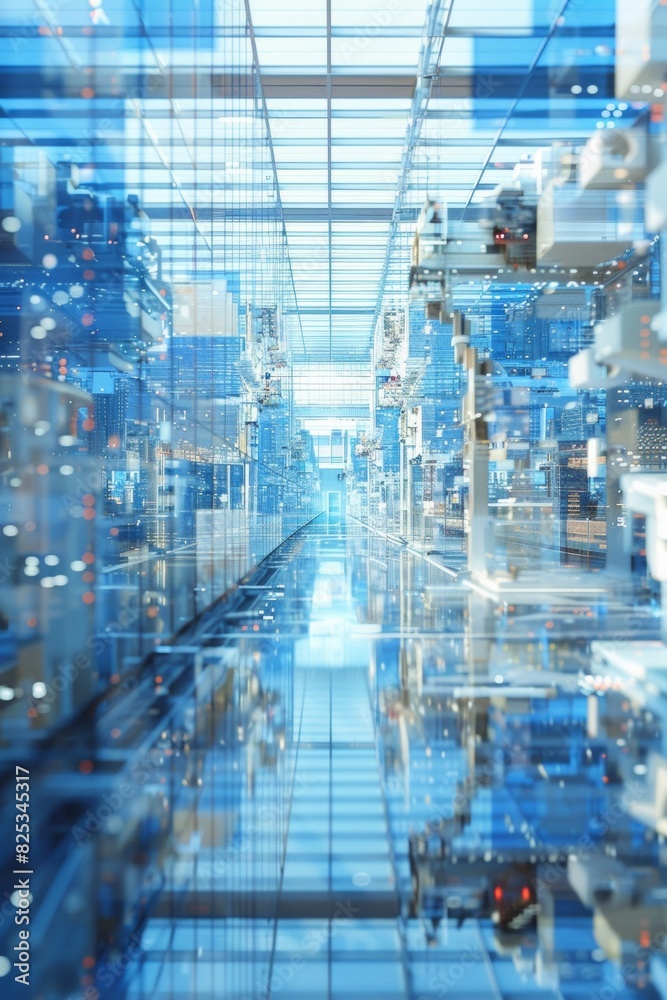 Poster precision and efficiency unveiled: robotic arms in a high-tech production line under bright lighting