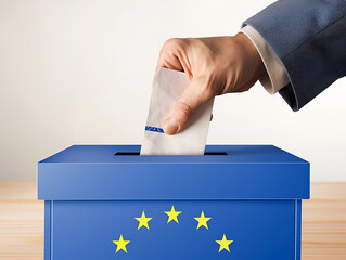 Close-up of a hand dropping a ballot into a European Union-themed ballot box