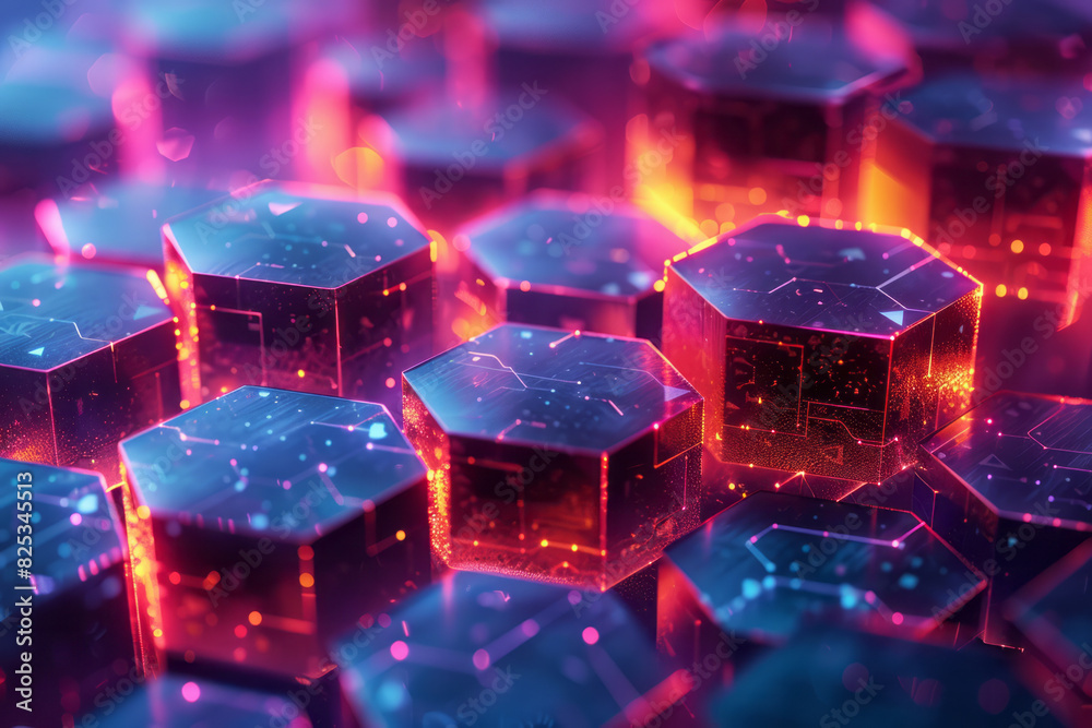 Poster abstract isometric hexagonal prisms connected by minimalist bluetooth symbols, creating a network pa
