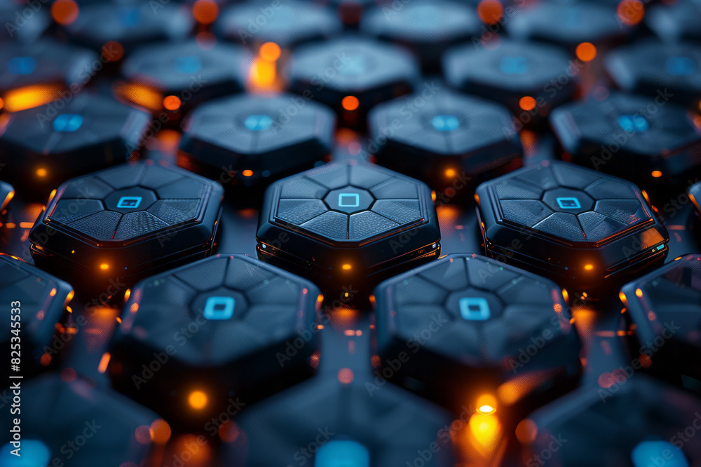 Poster abstract isometric hexagonal prisms connected by minimalist bluetooth symbols, creating a network pa
