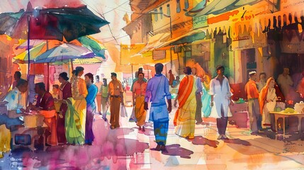 vibrant indian market scene colorful watercolor painting cultural art illustration