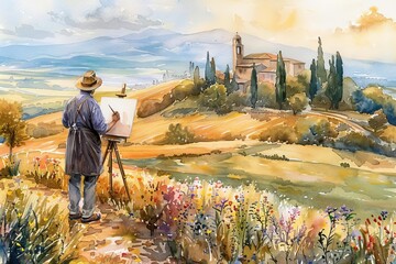 Artist painting a picturesque countryside landscape with vibrant flowers, hills, and a historic building under a serene sky.