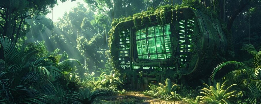 An overgrown supercomputer in the middle of a jungle, its screens displaying cryptic messages, surreal, vibrant colors, digital painting