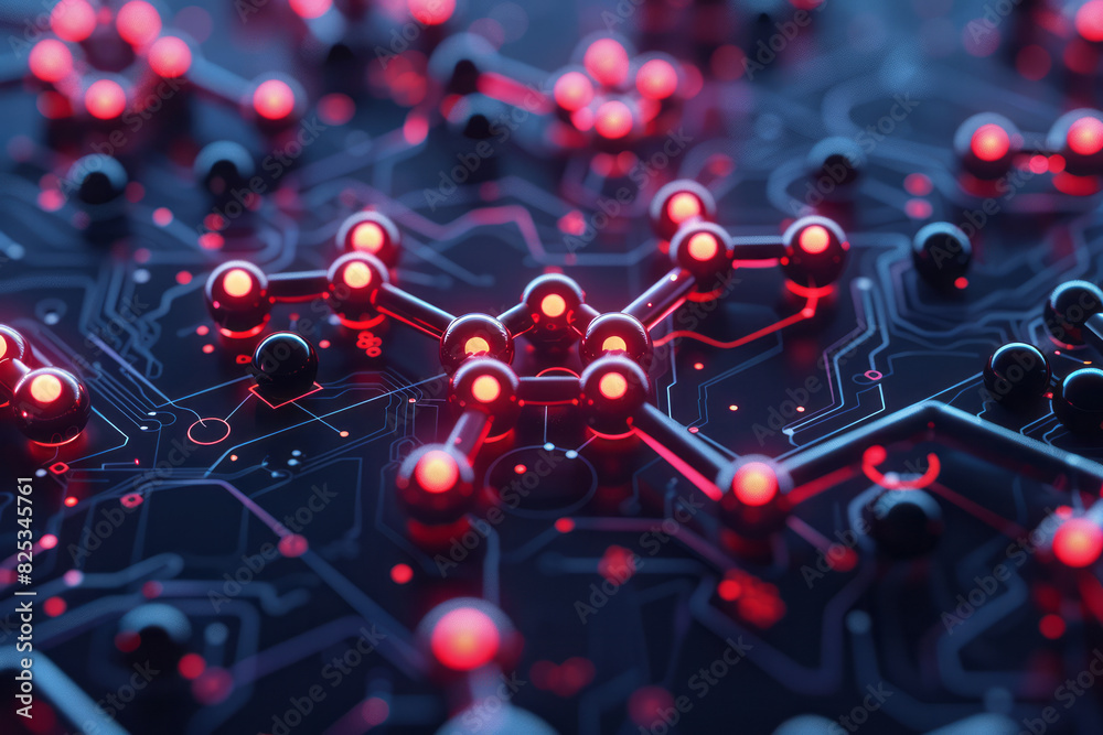 Poster seamless background of isometric molecular rings and stylized computer monitor icons,