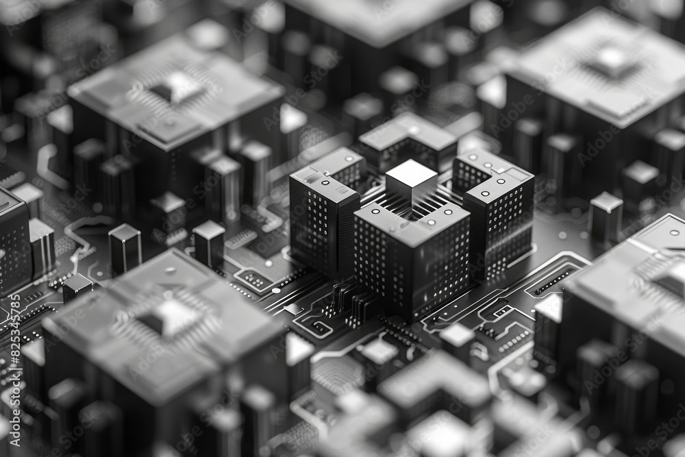 Poster Seamless pattern of isometric squares and simple microprocessor symbols, creating a grid,