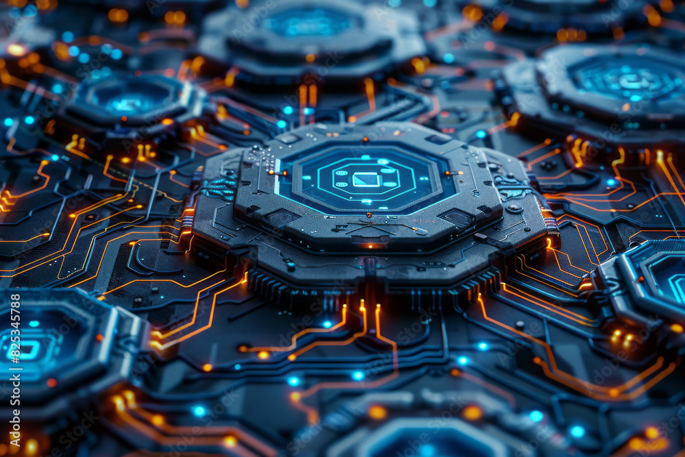 Poster Isometric pattern of stylized circuit paths and geometric hexagons, arranged in a lattice,