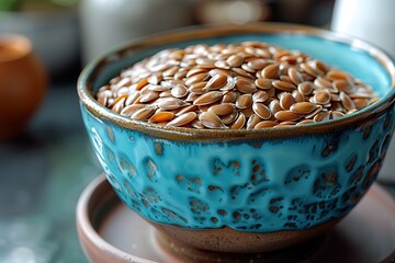 A bowl of brown seeds sits on a table