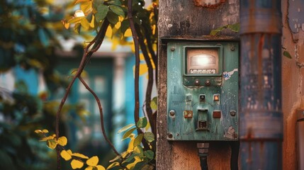 vintage electric meter on weathered building facade dreamy bokeh garden background retro aesthetic photograph