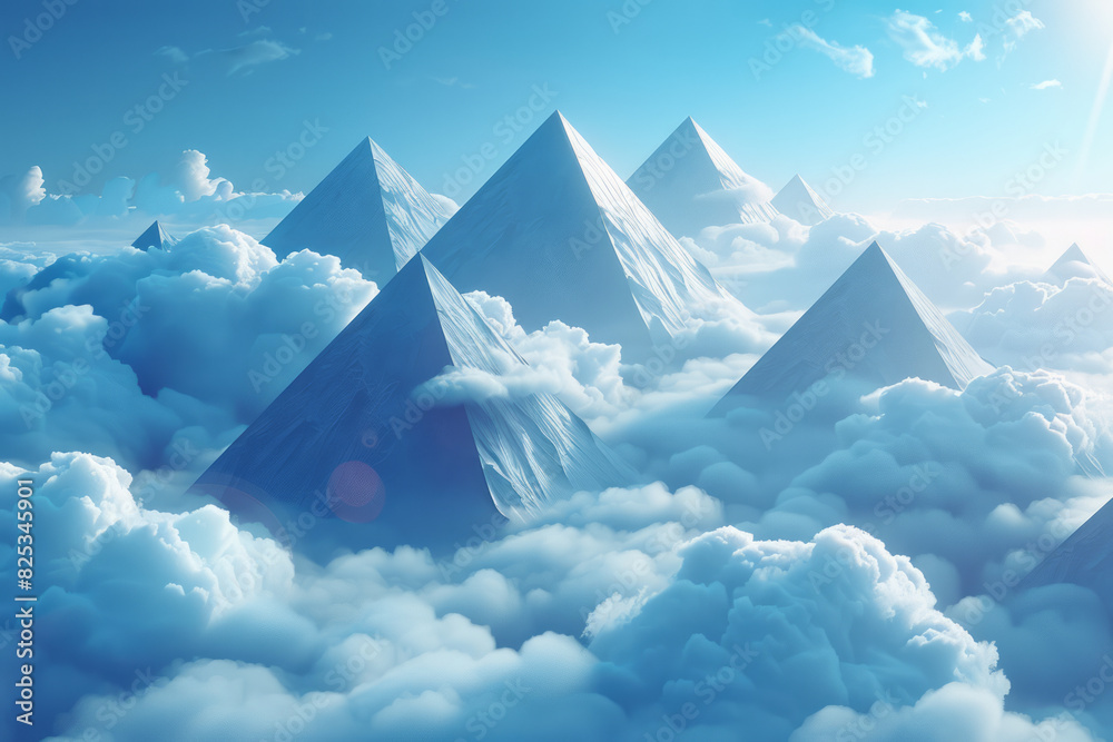 Poster isometric repeating pattern of pyramids with embedded cloud computing icons,