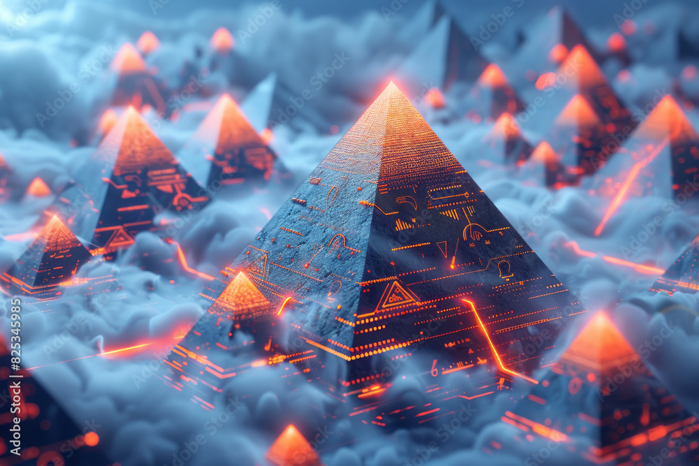 Aufkleber isometric repeating pattern of pyramids with embedded cloud computing icons,