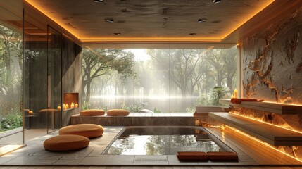 modern sauna room with ample space, soft lighting, and big windows for relaxation and rejuvenation