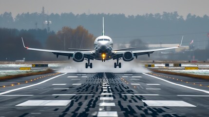 Front view of a passenger airplane on the runway, ready for takeoff.