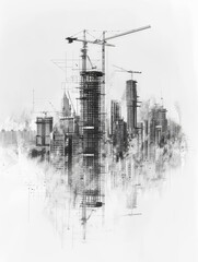 A black and white drawing of a modern city with skyscrapers under construction. The image is full of detail and shows the hustle and bustle of a busy city.