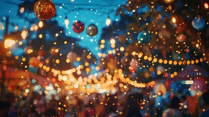 A lively scene of a lively festival, with a defocused background of twinkling particles