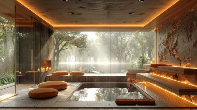 modern sauna room with ample space, soft lighting, and big windows for relaxation and rejuvenation