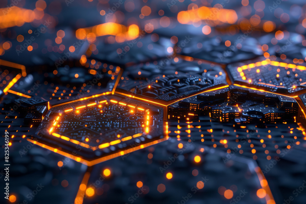 Leinwandbilder Abstract isometric hexagonal grids with technology icons, creating a cohesive design,