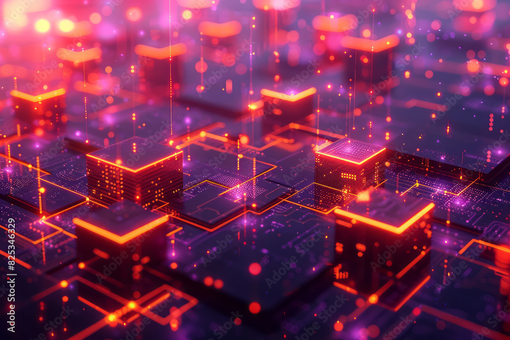 Fototapete isometric pattern of geometric shapes and interconnected data transfer icons forming a network,