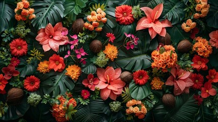 Obraz premium tropical paradise, colorful exotic blossoms, fragrant coconuts scenting the air a unique tropical getaway setting, unparalleled