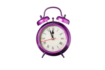 retro clock, pointer clock, pink color alarm clock on isolated white background close up