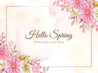 hello spring season with frame and corner of flowers background