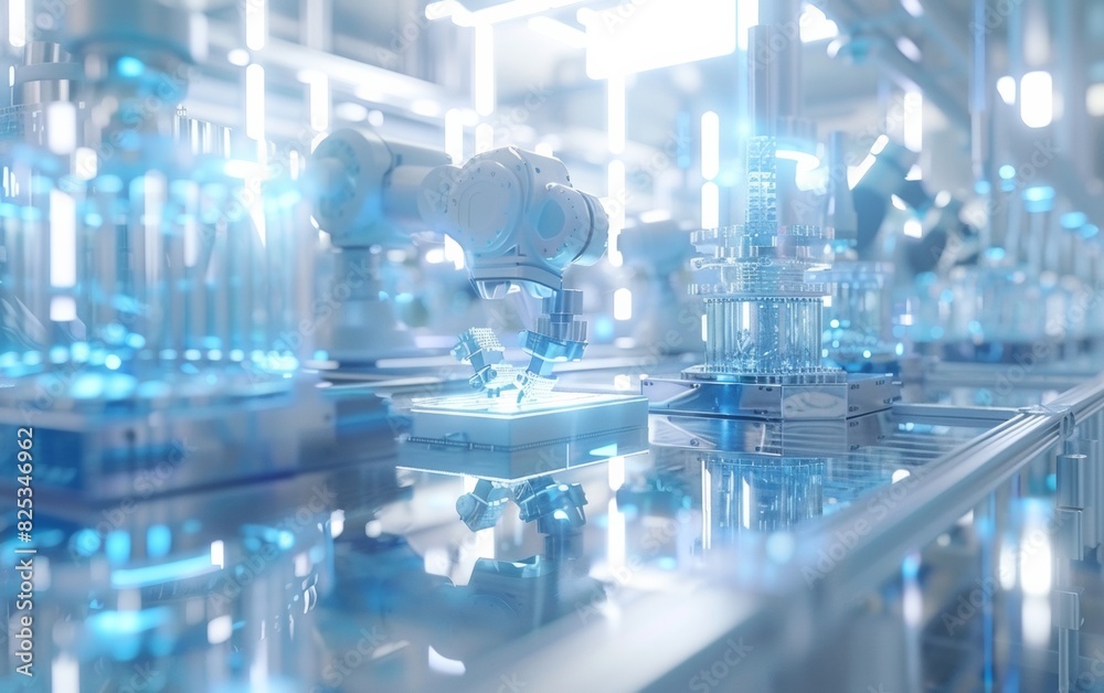Poster Dynamic Automated Manufacturing Floor with Robotic Arms Assembling Products in a Modern Factory Setting