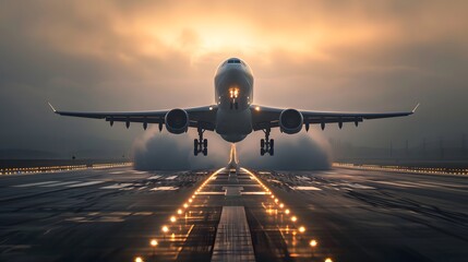 Front view of a passenger airplane on the runway, ready for takeoff.