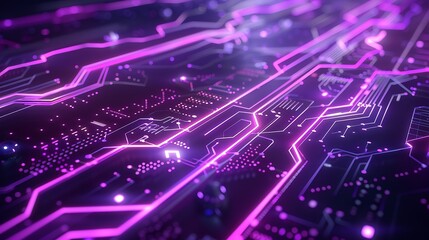 Abstract circuitry with glowing purple lines and geometric patterns. Background: Midnight blue. 8k, realistic, full ultra HD, high resolution, cinematic photography