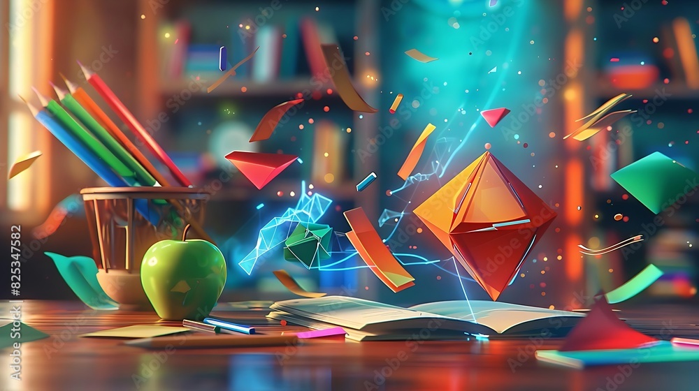 Wall mural 3d rendering of a desk in a study room, bursting with colorful abstract geometric shapes
