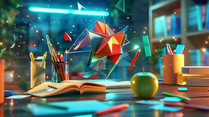 3D rendering of a desk in a study room, bursting with colorful abstract geometric shapes