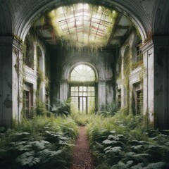 A large room of the building, overgrown with green plants from the inside.