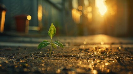 Small Plant Growing Through Concrete In Sunset Light