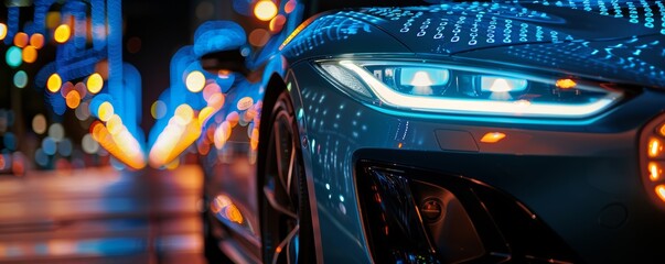 Closeup of a car s headlight with AI recognition technology, binary code overlay, sleek design, high resolution, advanced automotive, stock photography