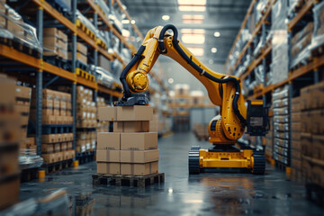 Automated Robot Carriers And Robotic Arm In Modern Distribution Warehouse

