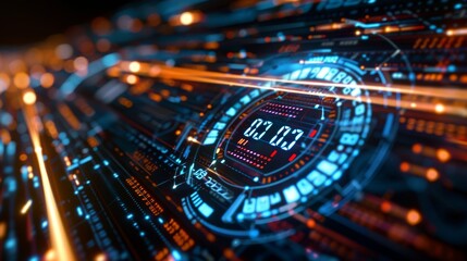 Closeup of a car s digital speedometer, AI data analysis, binary code design, high detail, futuristic vehicle, photography