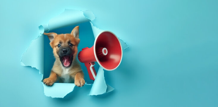 crazy, cute dog hand holding a red megaphone. screaming, Promotion, action, holiday, ad, job questions. Vacancy. Business discount concept, communication, information, news, team media