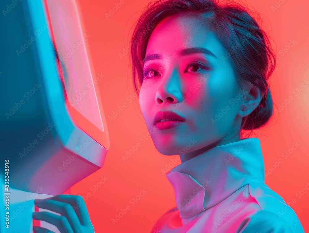 Poster asian woman engages with advanced ar technology in a futuristic setting, illustrating cutting-edge a
