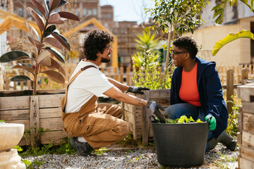 Volunteers cooperate at urban community garden