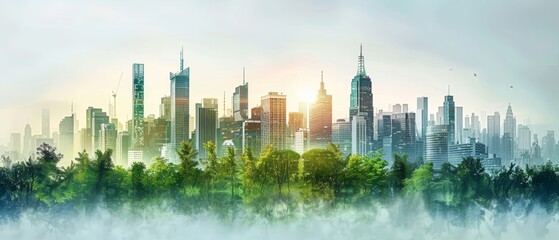 Sustainable city with skyscrapers and greenery, modern ecofriendly metropolis, urban development and nature balance, green architecture, cityscape