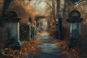 Serene and mysterious pathway through the ancient and weathered graveyard during the nostalgic and melancholy autumn season, surrounded by tombstones, mossy headstones, and eerie atmosphere