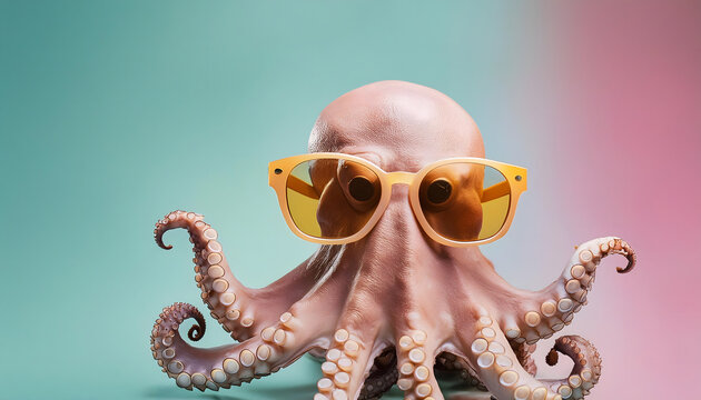 krake, oktopus, zinetnfisch, sonnenbrille, mit, close up, t&uuml;rkis, rosa, hautfarben, nat&uuml;rlich, 3d, spa&szlig;, cartoon, 1, solid, hintergrund, copy space