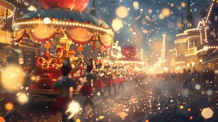 A lively scene of a parade with floats and marching bands, with a defocused backdrop of twinkling particles -