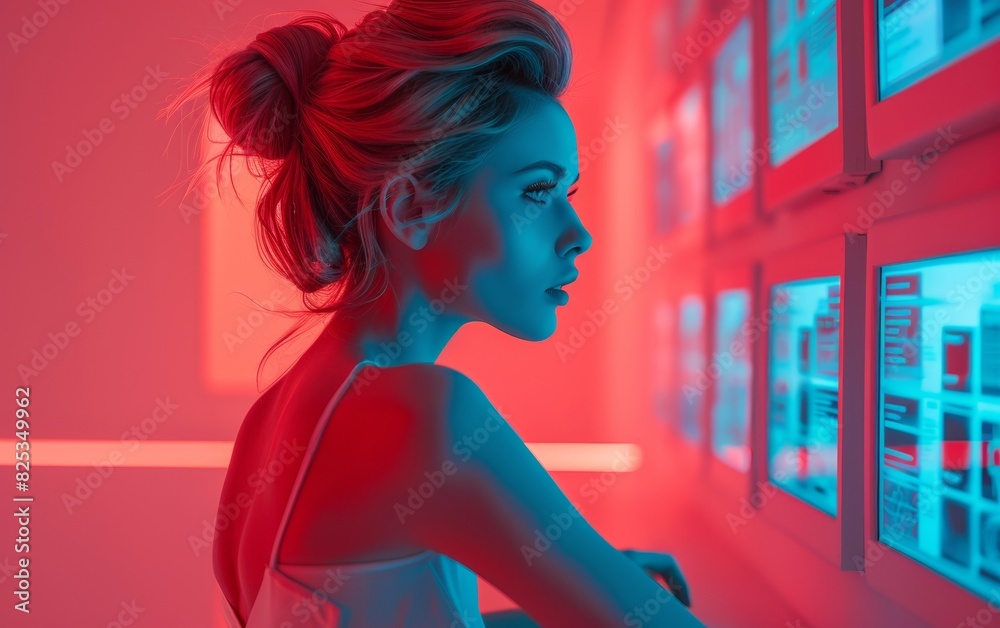 Poster professional female cybersecurity expert analyzing data on holographic interfaces in a futuristic of