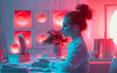 Professional Woman Engaged in Cybersecurity Tasks in a High-Tech Office Environment