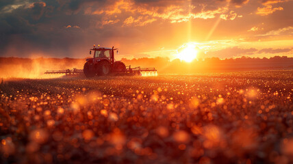 Fototapeta premium Irrigation tractor at sunset, showcasing tech role in modern agriculture and food sustainability,generative ai